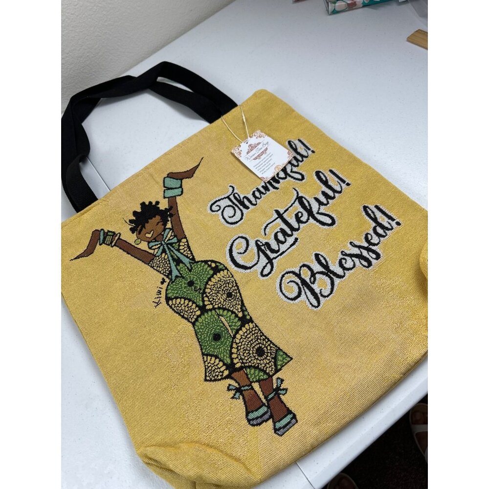 Thankful Grateful Blessed Tote Bag With Black Handles – Large   – Yellow & Black - Picture 7 of 11